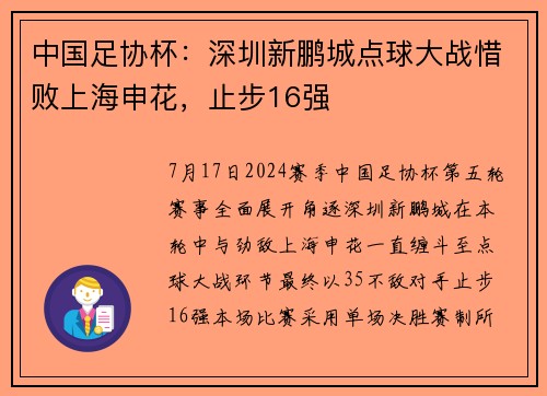 中国足协杯：深圳新鹏城点球大战惜败上海申花，止步16强