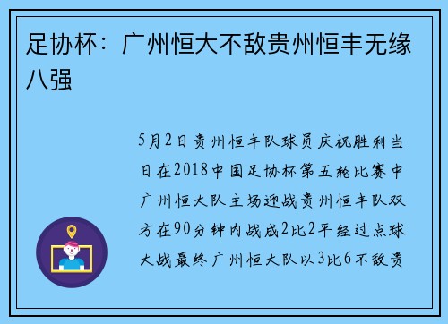 足协杯：广州恒大不敌贵州恒丰无缘八强